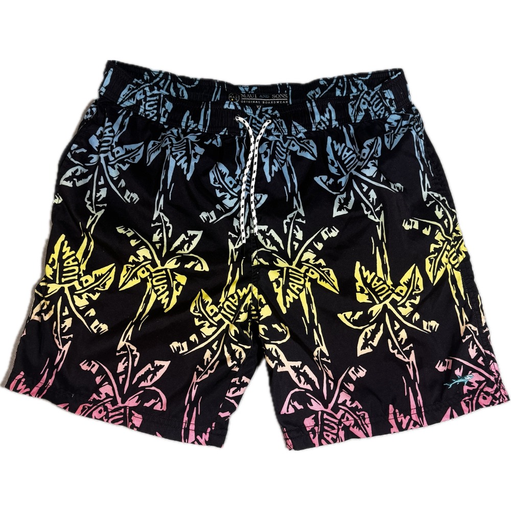 Maui and Sons Mens XL Swim Trunks Black Neon Palm Tree Board Shorts Mesh Lined